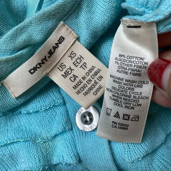Y2K DKNY Jeans Women’s XS Knit Ruffle Sweater Cardigan Blue Stretch Lightweight - Picture 4 of 8